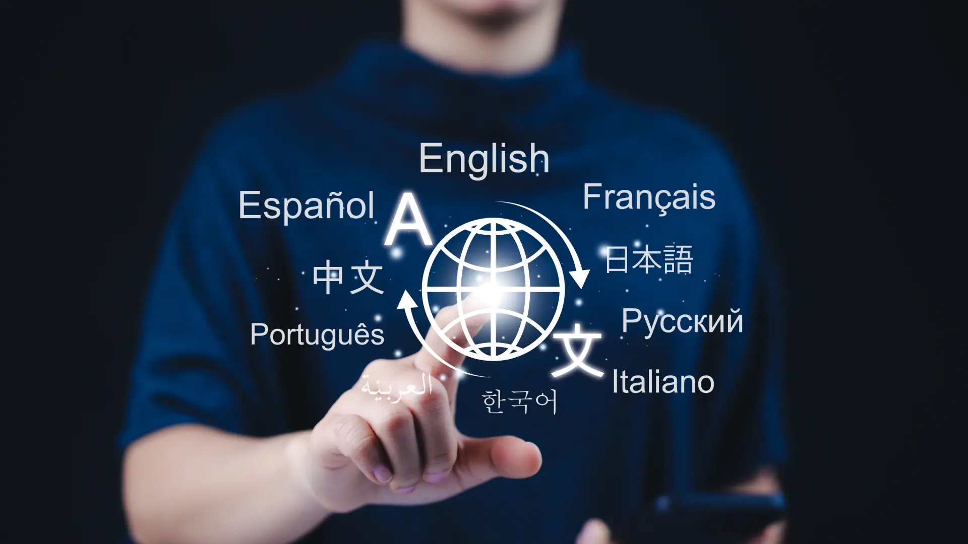 A person interacts with a digital interface showing the word 'English' surrounded by other languages, symbolizing real-time translation.