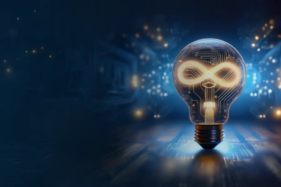 Glowing lightbulb with an infinity filament over a tech background
