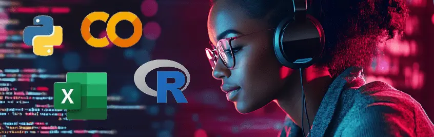 Student with headphones studying data science, surrounded by logos for Python, Colab, Excel, and R.