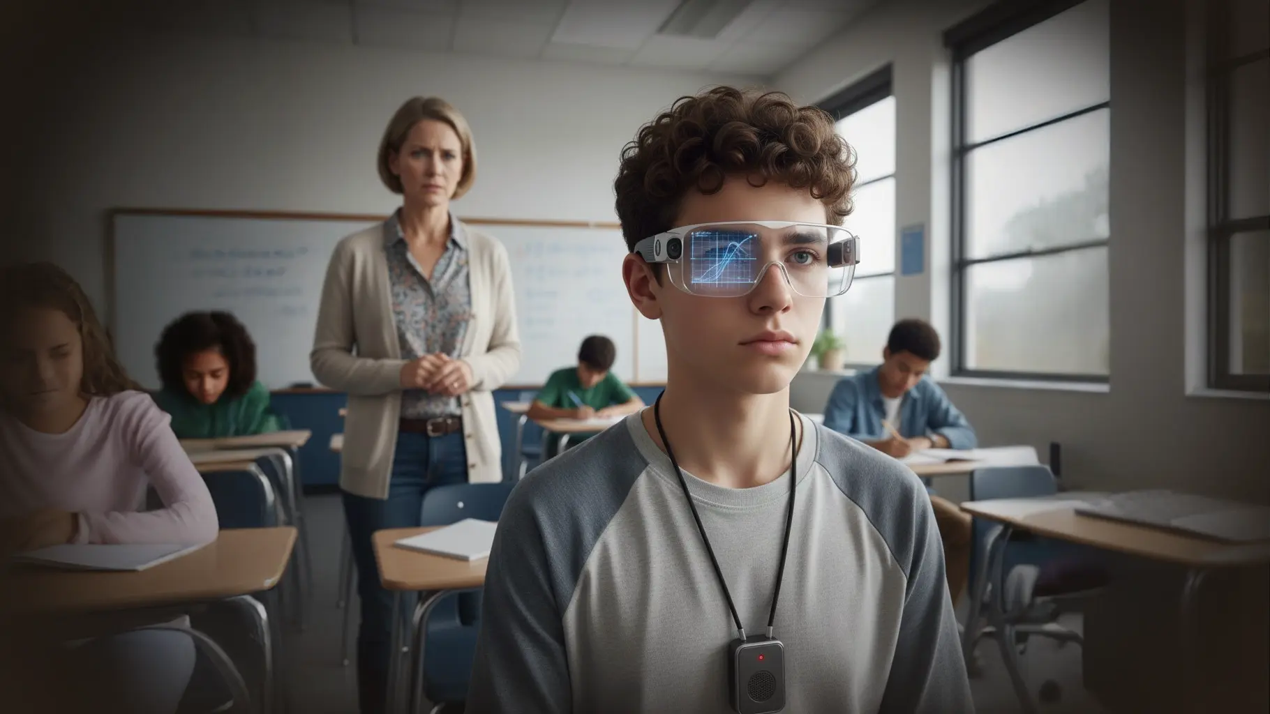 A student wearing AI glasses and an AI voice recording assistant pendant in a math class with a concerned teacher looking on
