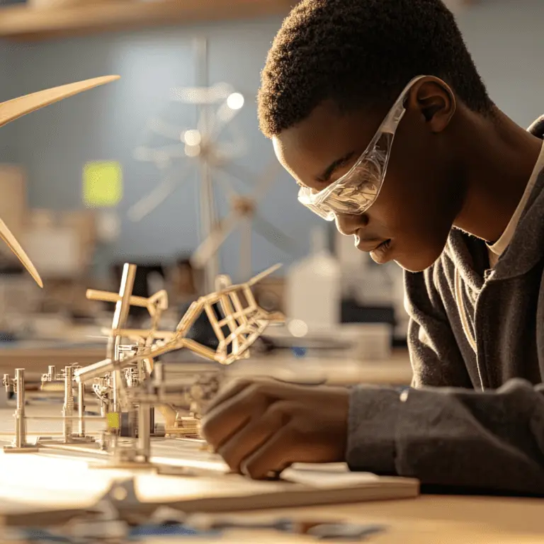 A student building a small structure with sticks