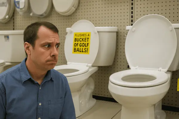 Man looking confused in front of toilets